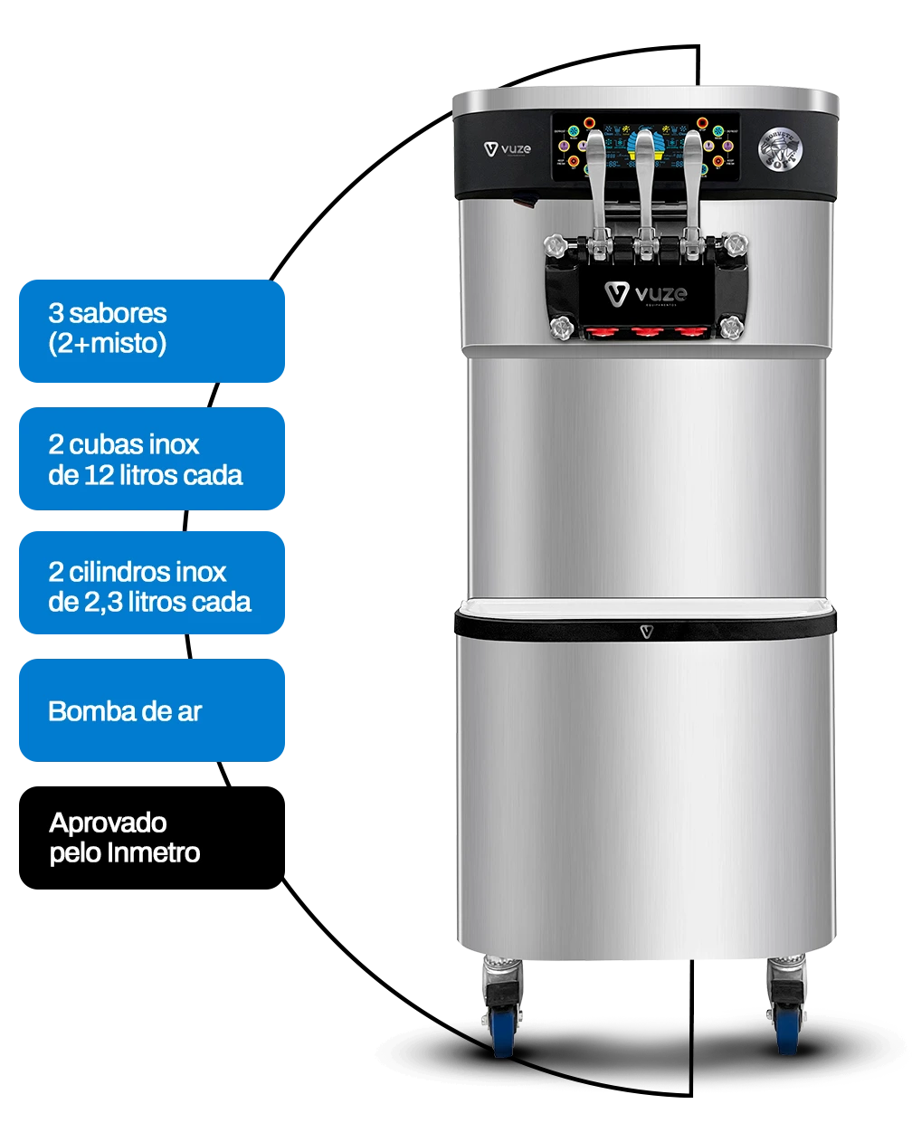 Máquina de sorvete expresso soft Vuze Artic Vert 72L, vertical, com tela sensível ao toque e rodas giratórias