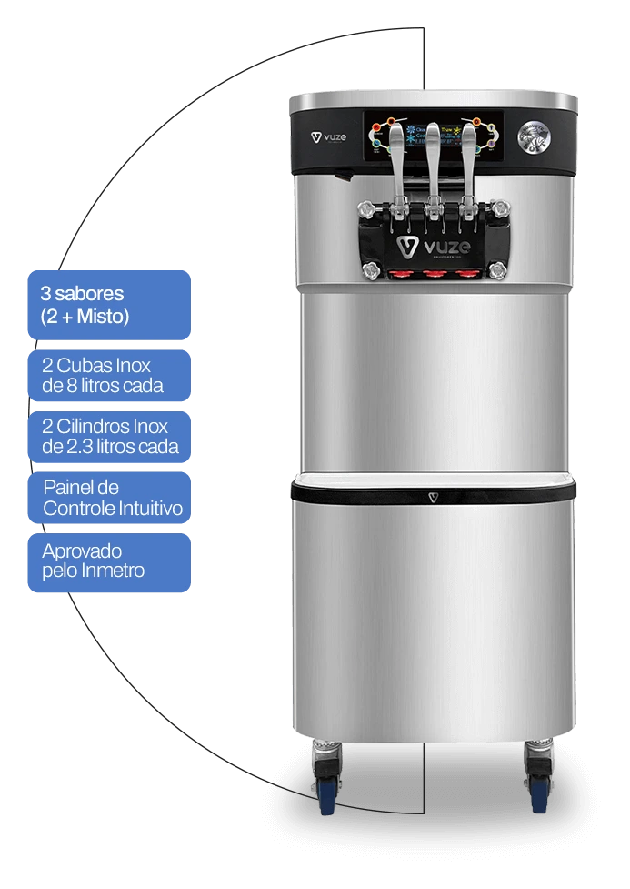 Vuze Artic Vert 38L com os destaques do equipamento: 3 sabores, 2 cubas inox de 8 litros, 2 cilindros inox de 2,3 litros, painel de controle intuitivo e aprovação do Inmetro