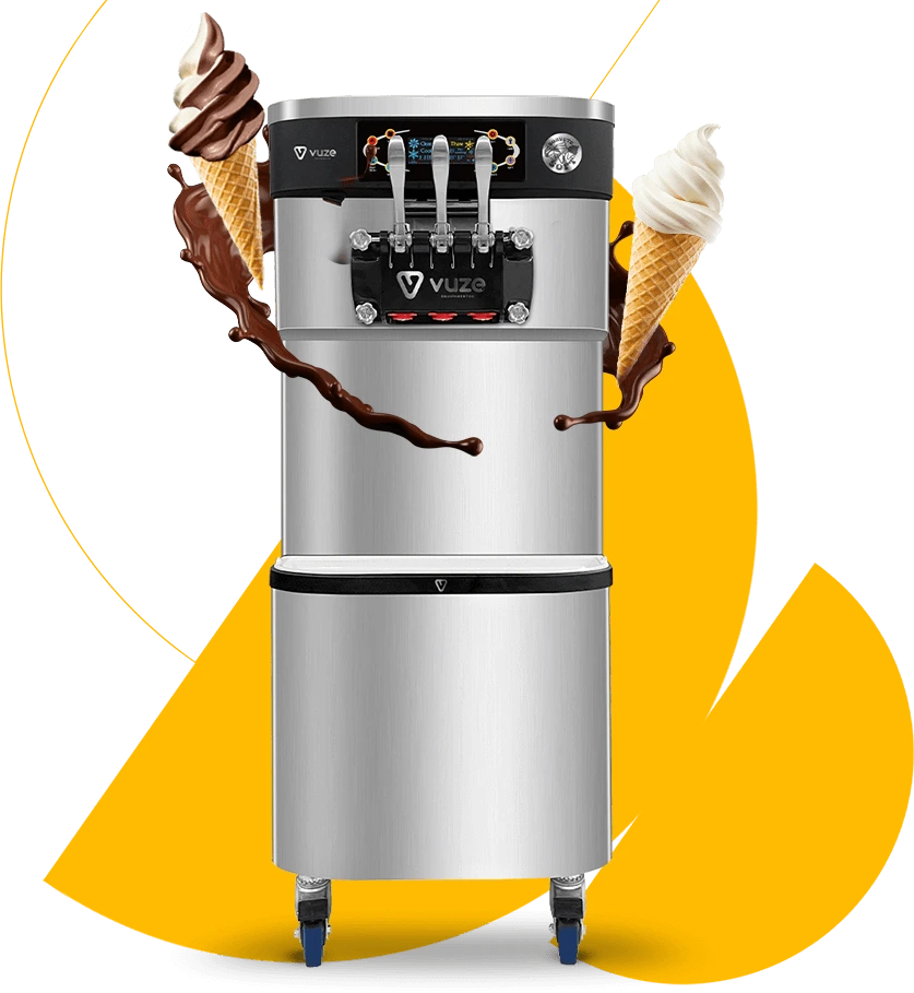 Máquina de sorvete expresso Vuze Artic Vert 72L, com três torres de servir, casquinhas e calda de chocolate