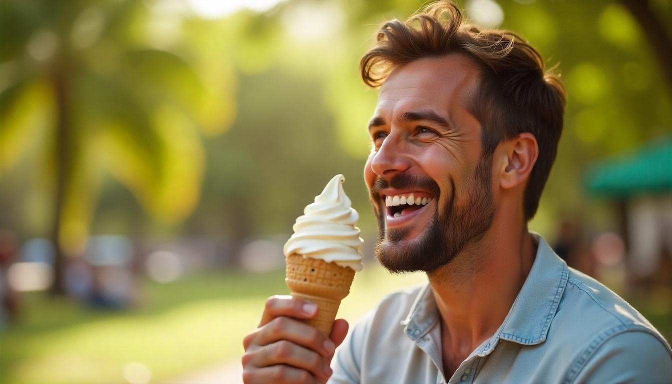 homem tomando sorvete de baunilha no parque em um dia ensolarado